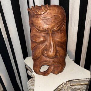 Solid Wood Tribal Mask Hand Carved Asian Polynesian Wall Decor